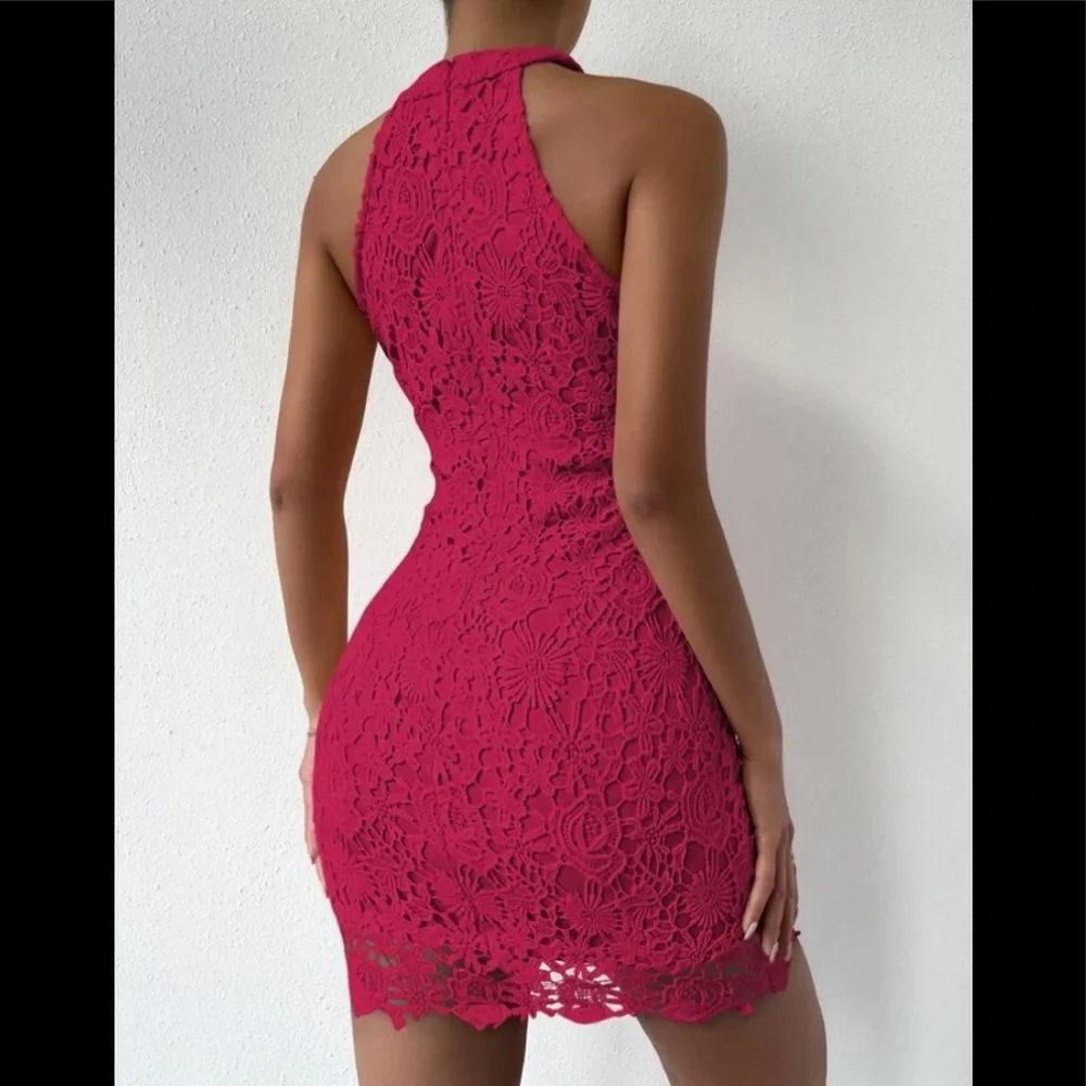 Guipure Lace Zipper Back Halter Neck Bodycon Dress - Picture 2 of 6